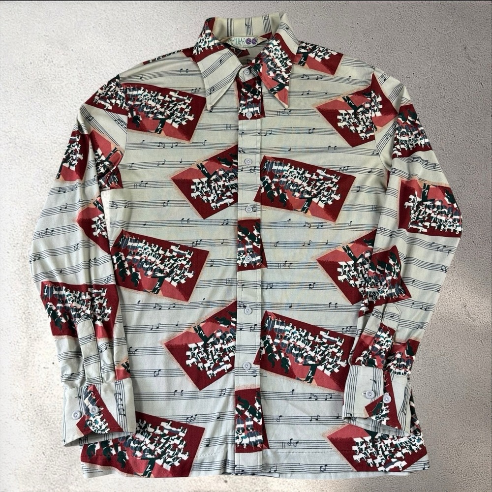 Vintage 70s Huk-A-Poo Disco Shirt Men's Large Music Note/Orchestra Print Nylon